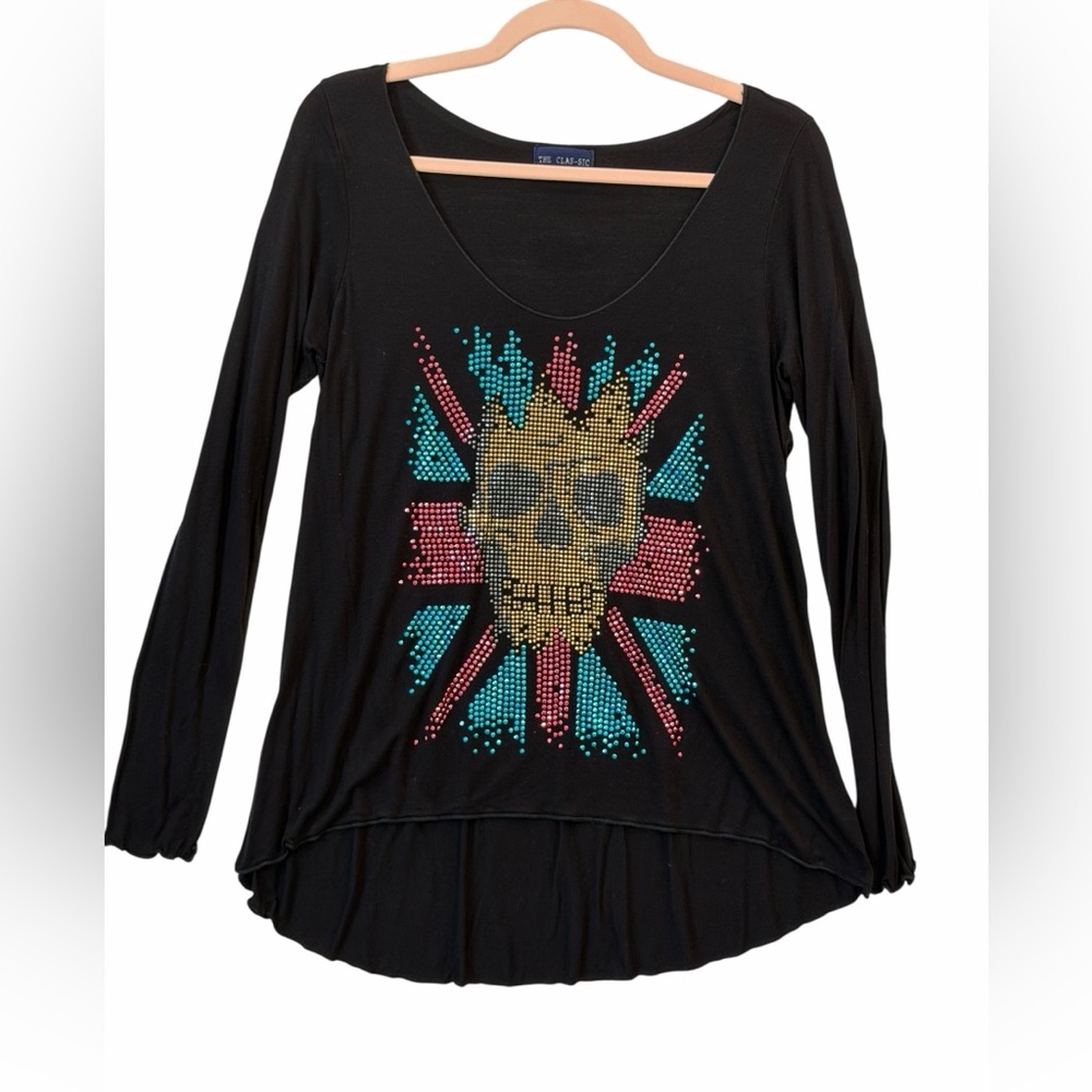 The Classic Black Long-Sleeve Skull Studded Tee with Teal, Pink & Gold Accents - Picture 2 of 4